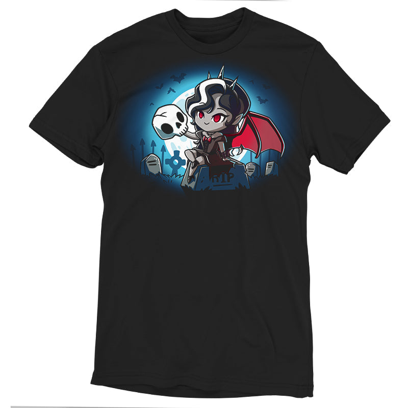 Premium Cotton T-shirt_TeeTurtle Vampire Princess black t-shirt featuring an illustration of a vampire princess with red bat wings and a pointed crown in a graveyard sitting on top of a tombstone that says RIP holding a white skull. The background shows bats flying near a full moon.