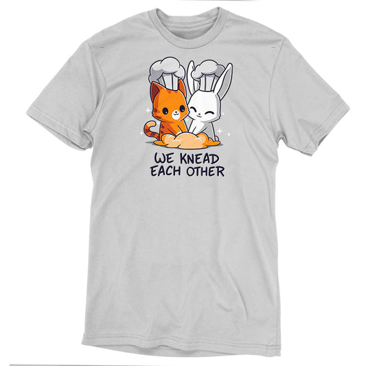 Premium Cotton T-shirt_TeeTurtle We Knead Each Other Silver Gray t-shirt featuring  an illustration of a cat and rabbit wearing chef hats, kneading dough with the text 