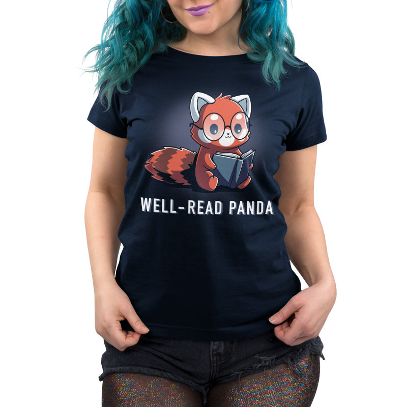 Premium Cotton T-shirt_TeeTurtle Well-Read Panda navy blue t-shirt featuring a red panda wearing glasses and reading a book.