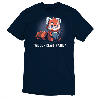 Premium Cotton T-shirt_TeeTurtle Well-Read Panda navy blue t-shirt featuring a red panda wearing glasses and reading a book.