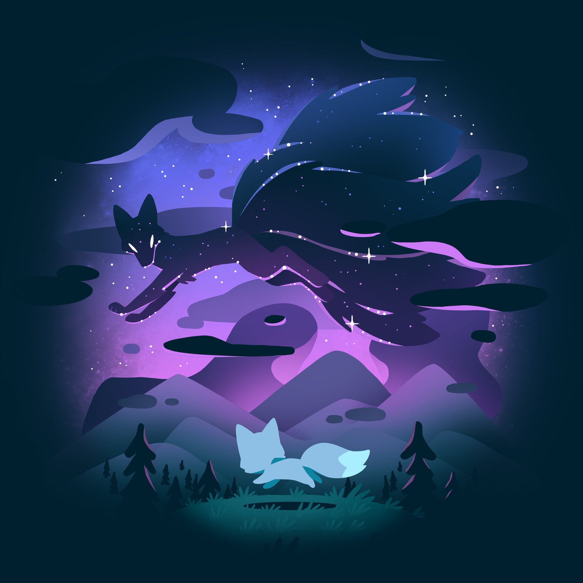 Premium Cotton T-shirt_TeeTurtle Written in the Stars navy blue t-shirt featuring a fox and its spirit counterpart above.