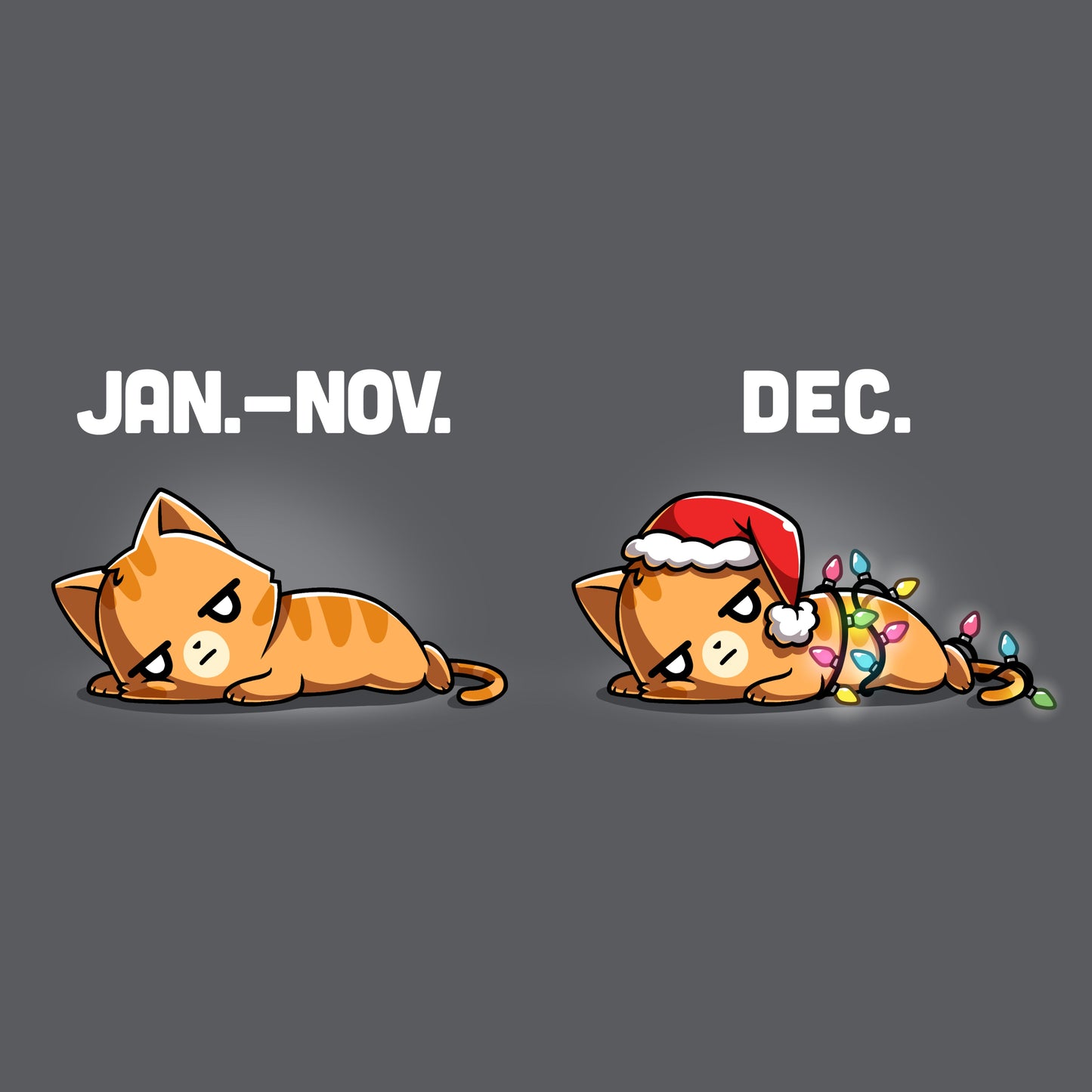 Premium Cotton T-shirt_TeeTurtle charcoal gray Year-Round Grump apparel featuring a cat that's grumpy from January to November, and a cat that's grumpy in December with a Santa hat and Christmas tree lights.