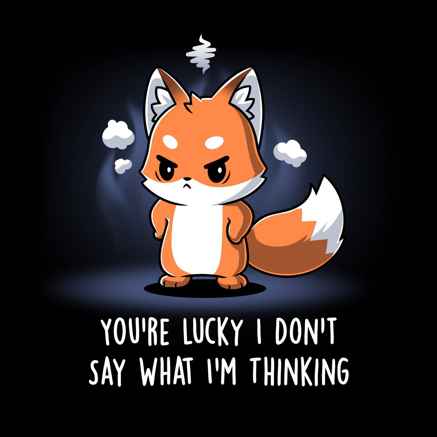 Premium Cotton T-shirt_TeeTurtle You're Lucky I Don’t Say What I’m Thinking black t-shirt featuring a fox with an angry expression standing surrounded by steam, with text "You're lucky I don't say what I'm thinking."