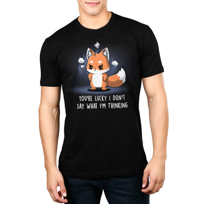 Premium Cotton T-shirt_TeeTurtle You're Lucky I Don’t Say What I’m Thinking black t-shirt featuring a fox with an angry expression standing surrounded by steam, with text "You're lucky I don't say what I'm thinking."