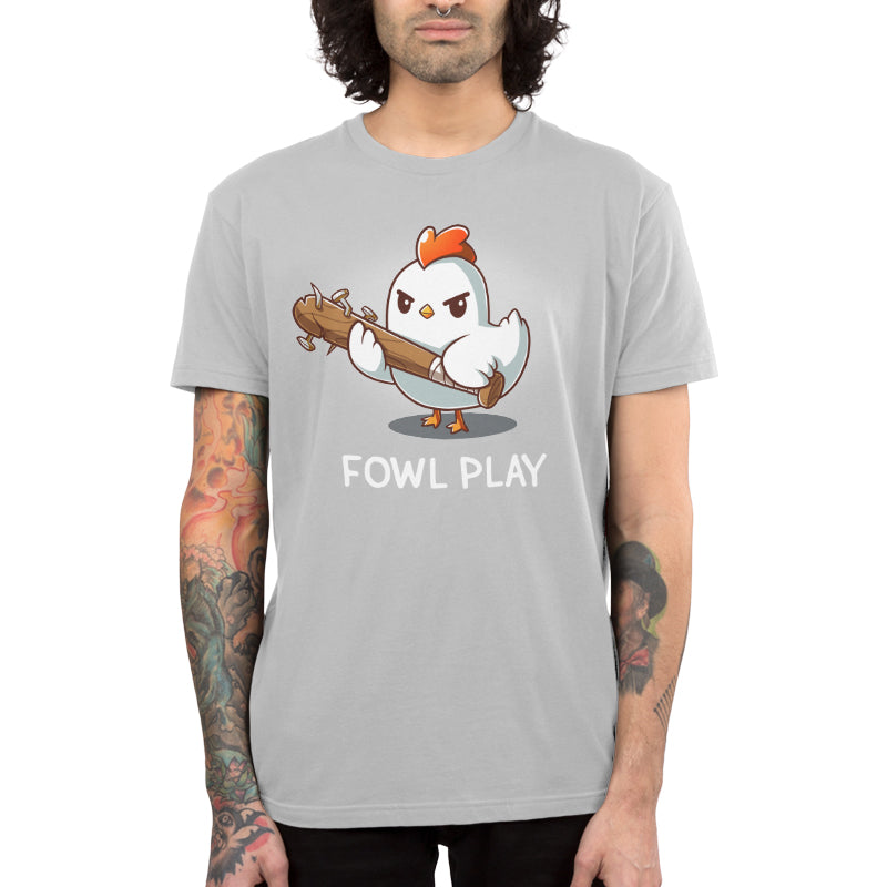 Premium Cotton T-shirt_TeeTurtle Fowl Play silver gray t-shirt featuring a white chicken looking devious holding a brown baseball bat with nails protruding from the end. "FOWL PLAY" is written below.