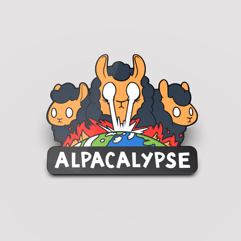 Enamel Alpacalypse Pin with dimensions 1.50" tall, depicting the coming end, by TeeTurtle.