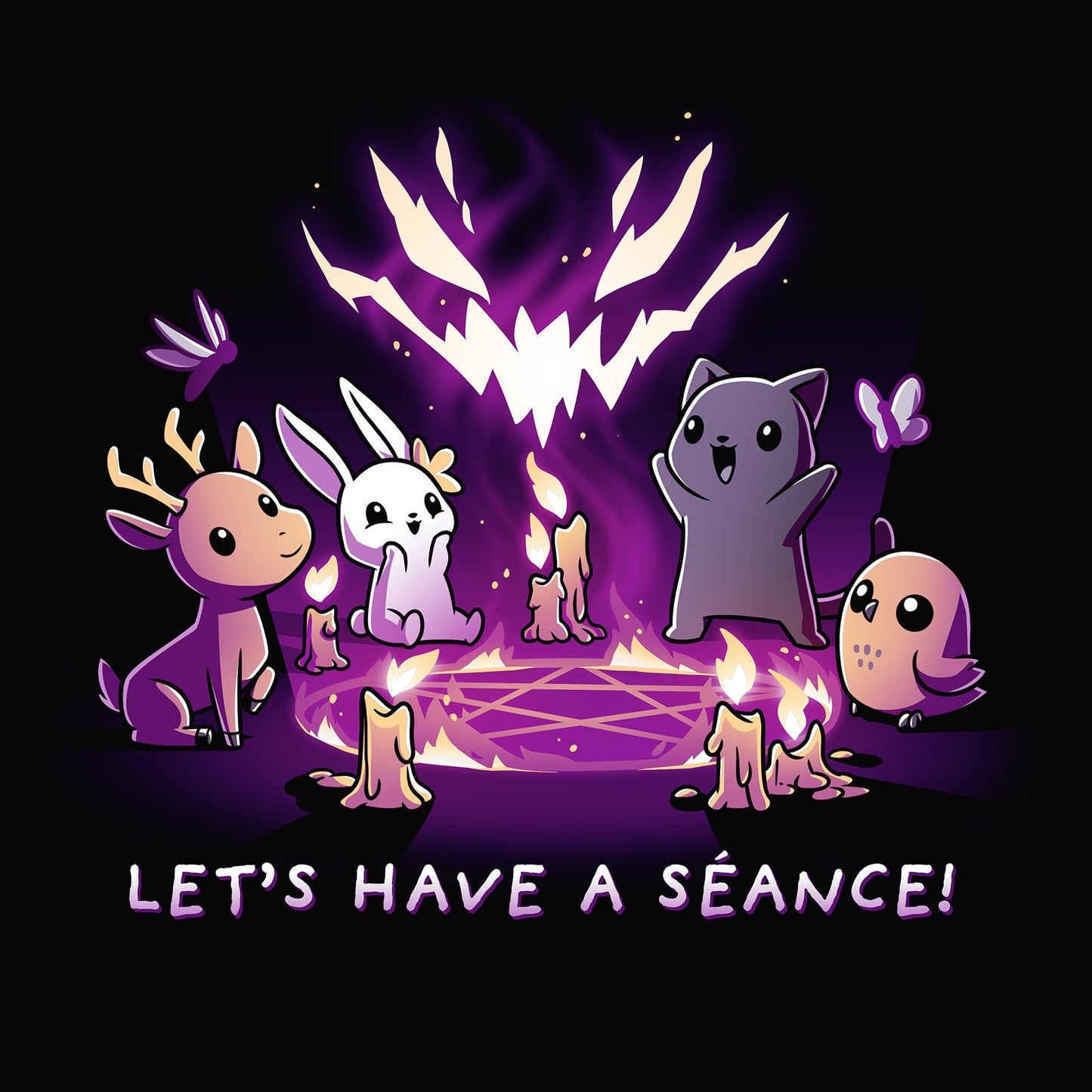 Premium Cotton T-shirt_TeeTurtle Let's Have a Séance! black t-shirt featuring an illustration of a deer, bunny, cat and owl having a séance on a pentagram surrounded by burning candles with "LET'S HAVE A SEANCE!" written underneath. A large, stylized, glowing, purple and white face hovers above the animals created by the flames.