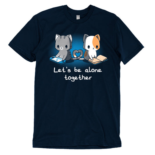 Premium Cotton T-shirt_Two cartoon cats, one gray playing a handheld game and the other orange and white reading a book, sit with their tails forming a heart shape. On this navy blue apparel made from 100% super soft ringspun cotton, the text reads, 