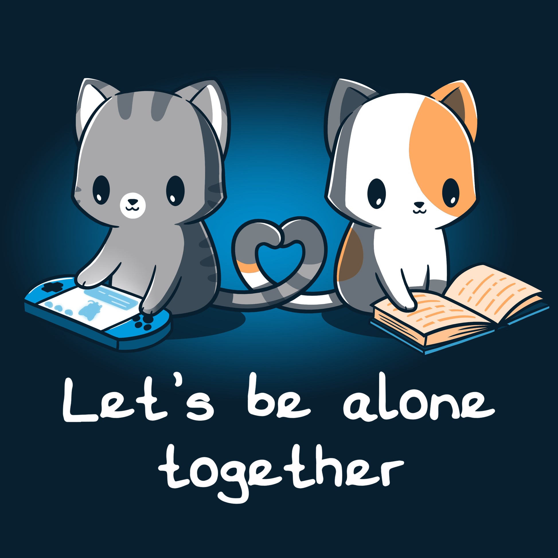 Premium Cotton T-shirt_Two cartoon cats, one gray playing a handheld game and the other orange and white reading a book, sit with their tails forming a heart shape. On this navy blue apparel made from 100% super soft ringspun cotton, the text reads, "Let's Be Alone Together." This delightful design is from monsterdigital's "Let's Be Alone Together" collection.