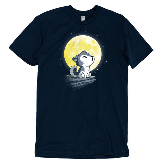 Premium Cotton T-shirt_TeeTurtle Lil' Werewolf navy blue t-shirt featuring a young wolf howling at the moon