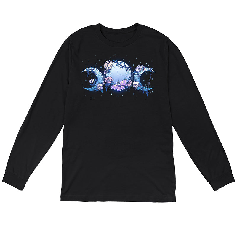 Long Sleeve T-shirt_TeeTurtle black Enchanted Moons featuring a full moon surrounded by crescent moons on each side with flowers, cobwebs, and a moth.