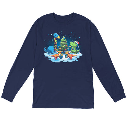 Long Sleeve T-shirt_TeeTurtle A Very Dino Christmas navy blue t-shirt featuring dinosaurs celebrating around a decorated Christmas tree with snow on the ground and dinosaurs holding presents.