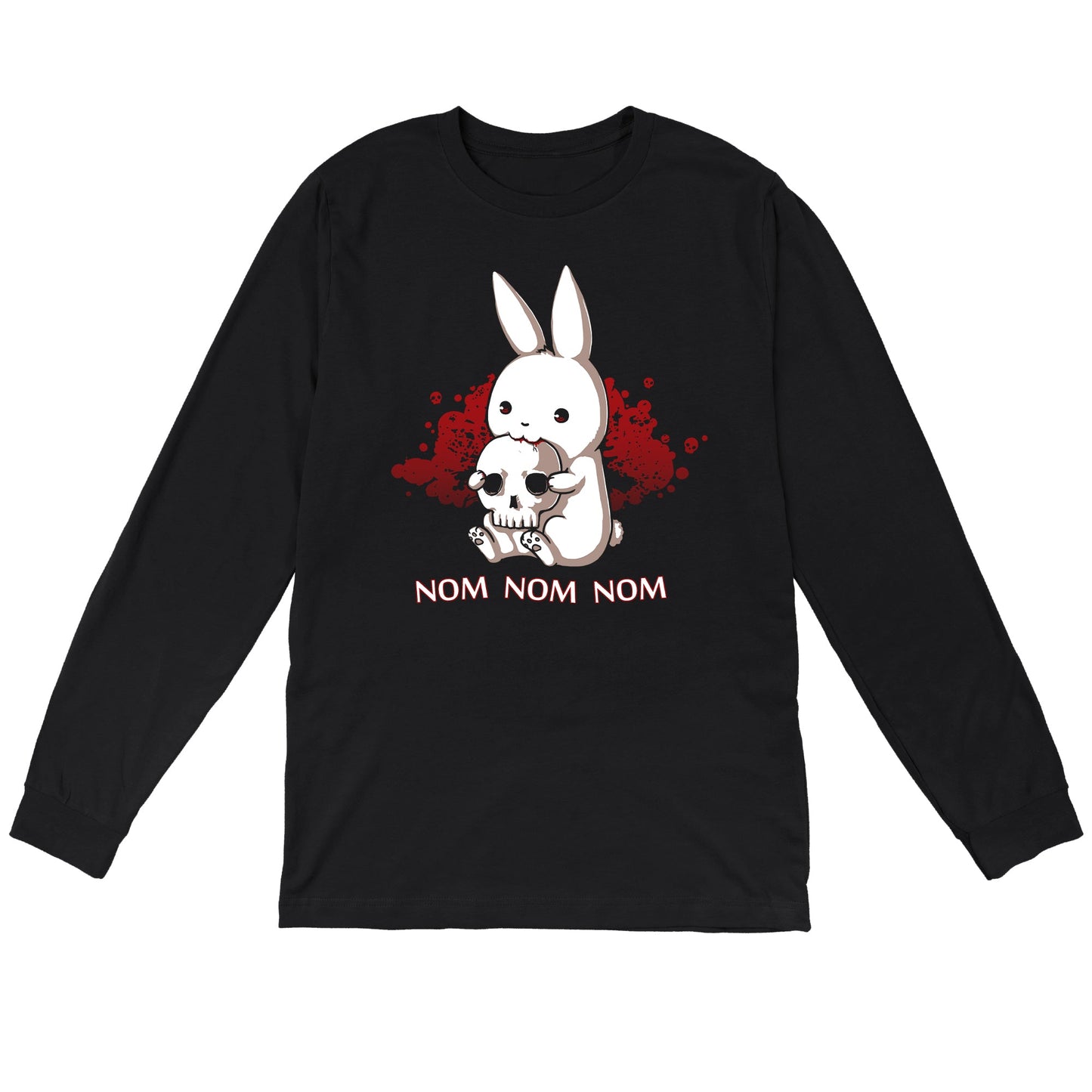 Long Sleeve T-shirt_TeeTurtle Adorable Monstrosity black t-shirt featuring an adorable bunny biting into a skull with the words "nom nom nom."