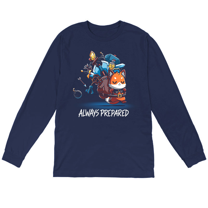 Long Sleeve T-shirt_TeeTurtle Always Prepared navy blue t-shirt featuring a fantasy cartoon fox dressed as an adventurer carrying an oversized backpack filled with weapons and tools.