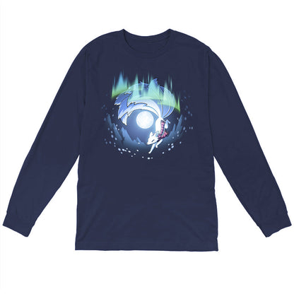 Long Sleeve T-shirt_TeeTurtle navy blue Aurora Kitsune apparel featuring a white kitsune running through the aurora borealis with snowy mountains and a full moon in the background.