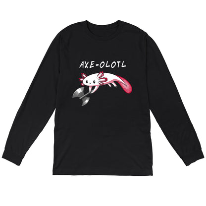 Long Sleeve T-shirt_A drawing of a smiling axolotl holding an axe, with "AXE-OLOTL" written above it. Available on a super soft ringspun cotton Black Unisex apparelfor the ultimate comfort. This Axe-olotl apparel from monsterdigital is perfect for any quirky graphic apparelenthusiast!