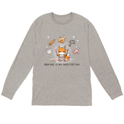 Long Sleeve T-shirt_TeeTurtle heather gray Baking Is My Meditation t-shirt featuring a peaceful fox in front of a bowl of batter holding baking tools with other baking tools floating around it in an arc.