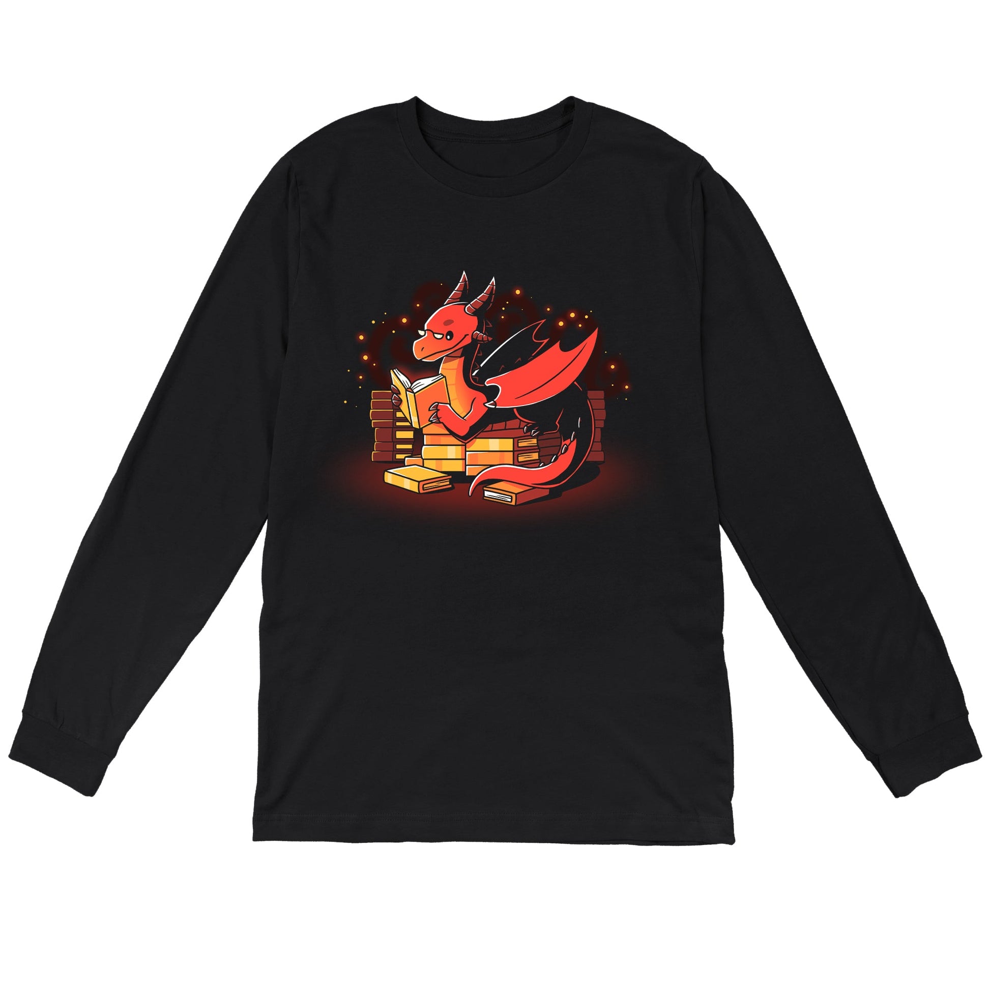 Long Sleeve T-shirt_TeeTurtle Book Hoarder black t-shirt featuring a red dragon with horns and wings, reading a book while sitting among piles of books against a dark background with glowing embers.