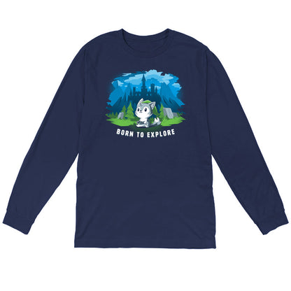 Long Sleeve T-shirt_TeeTurtle navy blue Born to Explore. Featuring a wolf in a video game cosplay outfit playing a video game with a fantasy background.