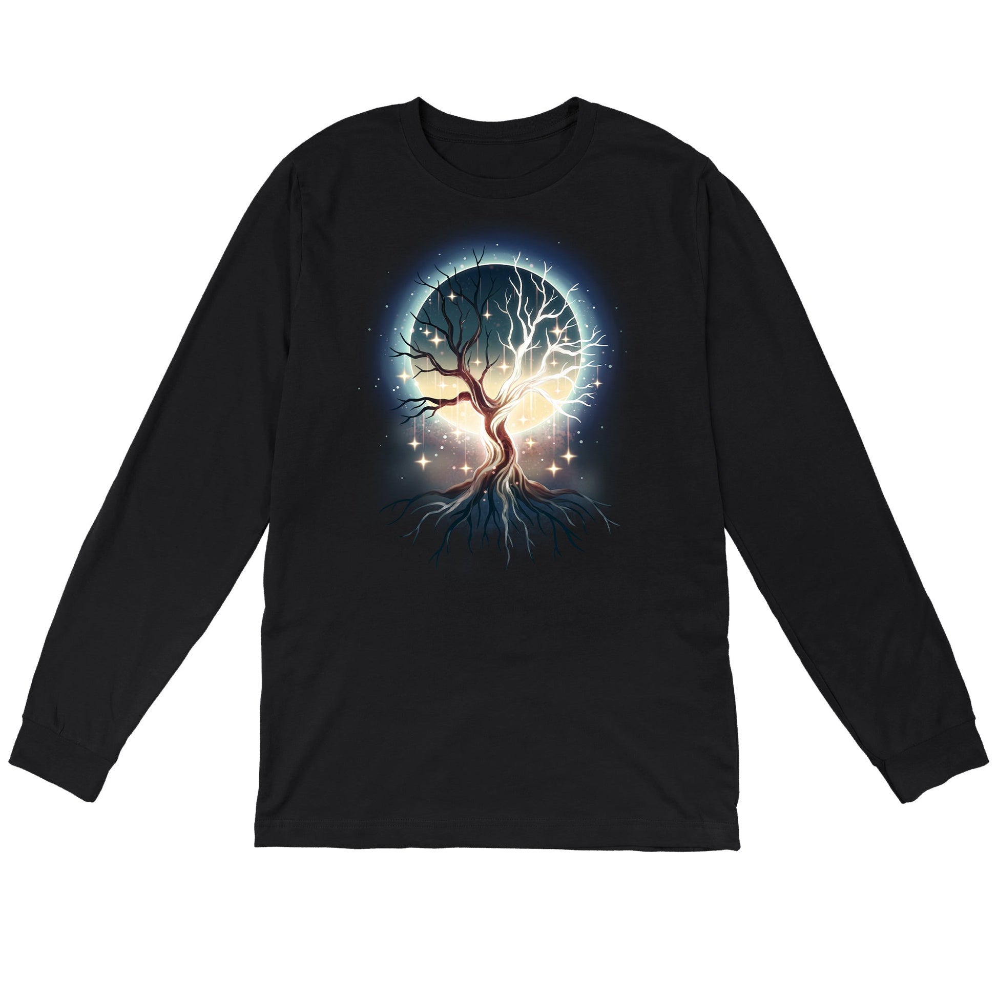 Long Sleeve T-shirt_TeeTurtle black Celestial Tree t-shirt featuring a floating tree with roots exposed with stars hanging from its branches and a full moon that can be seen in the background through the tree’s branches.