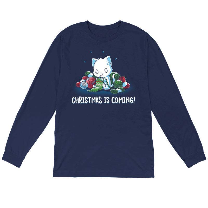 Long Sleeve T-shirt_TeeTurtle Christmas is Coming! navy blue t-shirt featuring an anxious cat that is crafting gifts for Christmas