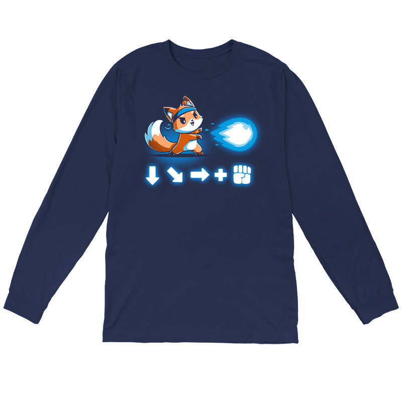 Long Sleeve T-shirt_Teeturtle Combo Attack navy blue t-shirt featuring a cute little fox wearing a headband firing off a Hadouken fireball with the game input command beneath.