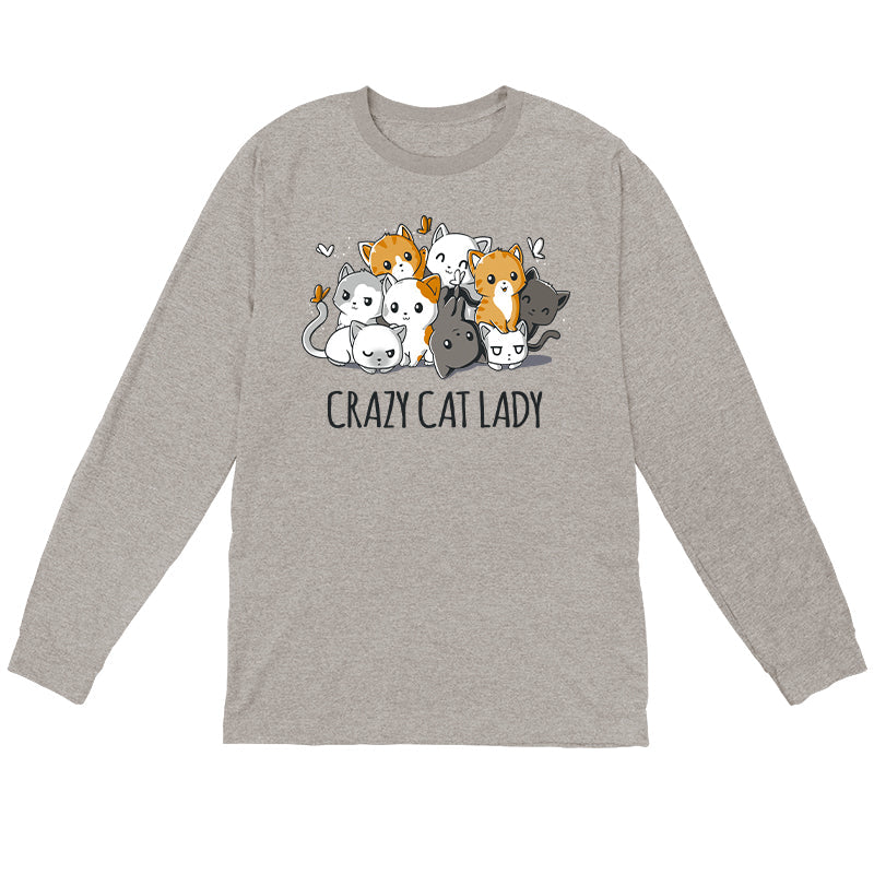 Long Sleeve T-shirt_TeeTurtle heather gray Crazy Cat Lady. Featuring a pile of cats in different colors cuddling together.