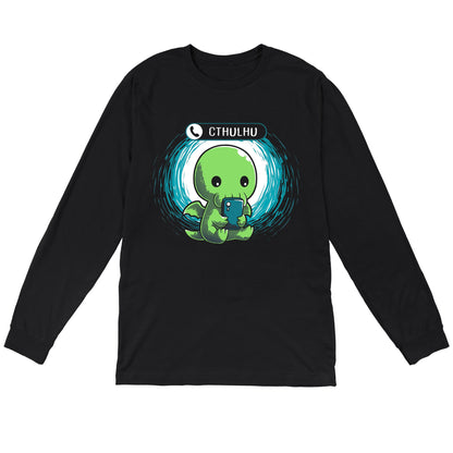 Long Sleeve T-shirt_TeeTurtle Cthulhu Calling black t-shirt featuring a Cthulhu holding a smartphone and looking at the screen with an incoming call notification displaying "Cthulhu" at the top.