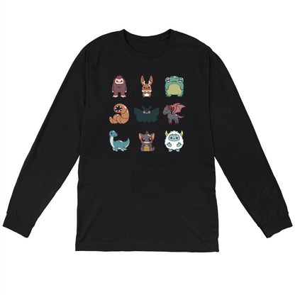 Long Sleeve T-shirt_TeeTurtle Cute Cryptids black t-shirt featuring a grid of cute cryptids, featuring a bigfoot, bunny, frog, worm, moth, winged goat, aquatic dinosaur, bat, and yeti.