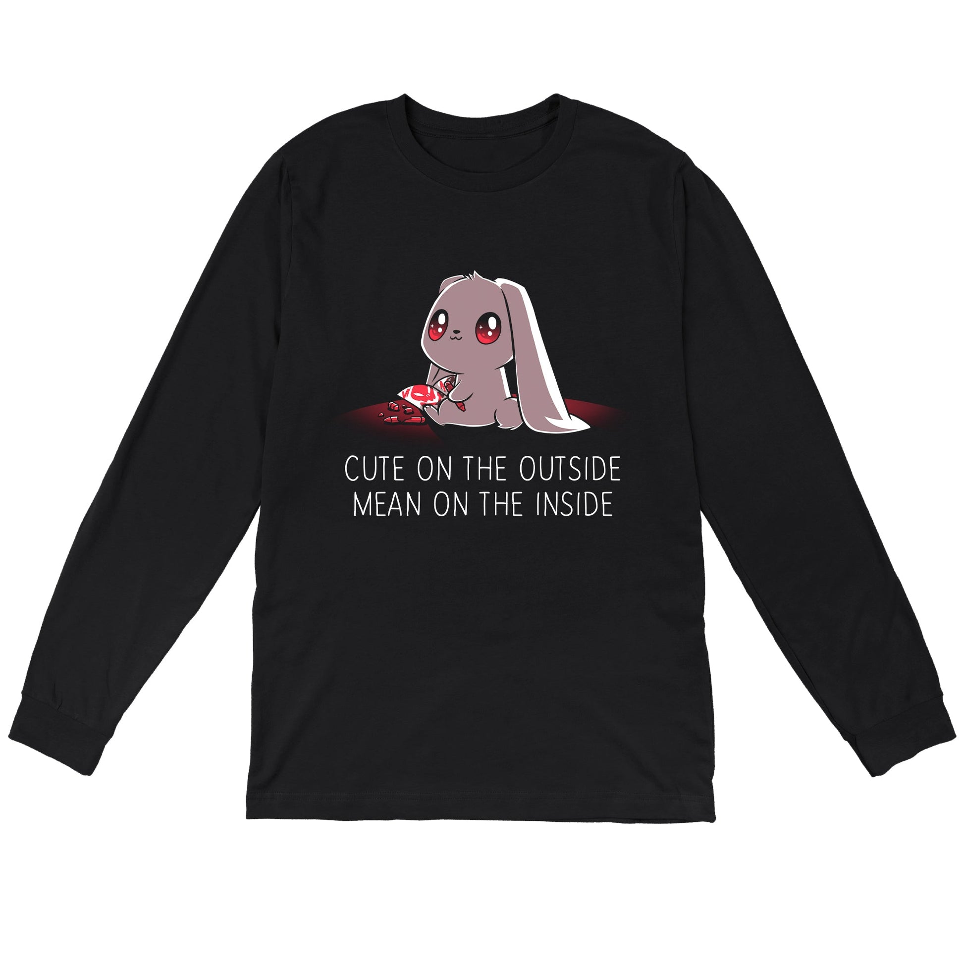 Long Sleeve T-shirt_TeeTurtle Cute on the Outside, Mean on the Inside black t-shirt featuring a a cute bunny with big eyes drawing red skulls with a crayon, with text "Cute on the Outside, Mean on the Inside" beneath it. 