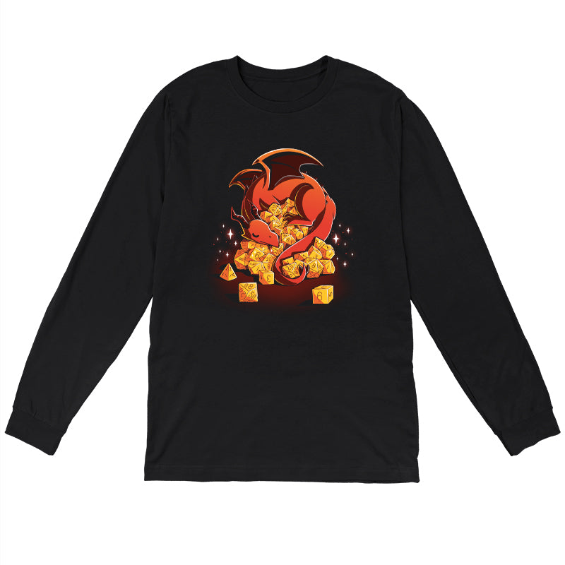 Long Sleeve T-shirt_A red dragon is curled around an overflowing pile of yellow polyhedral dice, with sparkles around. Show off your inner Dice Hoarder with this black monsterdigital Dice Hoarder apparel crafted from super soft ringspun cotton. The dice include various types ranging from d4 to d20.