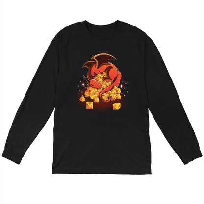 Long Sleeve T-shirt_A red dragon is curled around an overflowing pile of yellow polyhedral dice, with sparkles around. Show off your inner Dice Hoarder with this black monsterdigital Dice Hoarder apparel crafted from super soft ringspun cotton. The dice include various types ranging from d4 to d20.