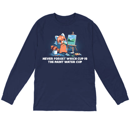 Long Sleeve T-shirt_TeeTurtle Don’t Drink the Paint Water navy blue t-shirt featuring a red panda that’s painting a picture and taking a sip of paint water and looking at the mug of coffee on the floor.