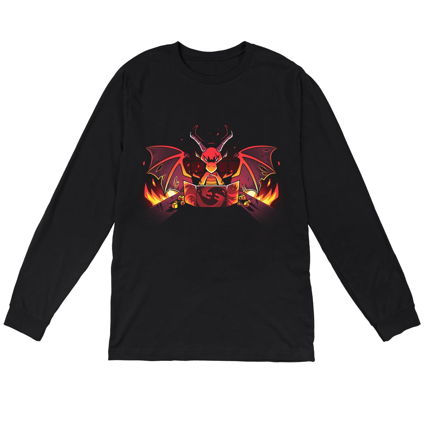 Long Sleeve T-shirt_TeeTurtle black Dragon Master. Featuring a sinister-looking dragon dungeon master with flames in the background.