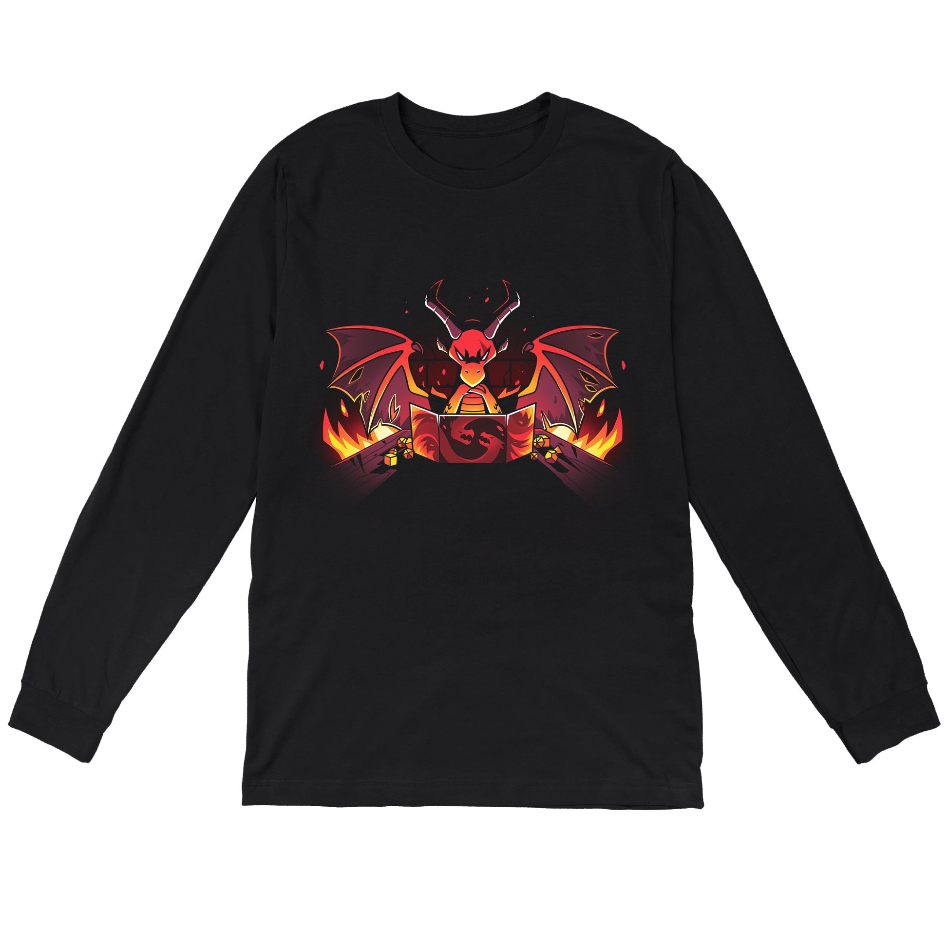 Long Sleeve T-shirt_TeeTurtle black Dragon Master. Featuring a sinister-looking dragon dungeon master with flames in the background.