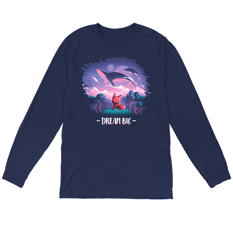 Long Sleeve T-shirt_TeeTurtle Dream Big navy blue t-shirt featuring an orange fox who gazes at magical whales flying in the night sky above a fantasy forest with the text "Dream Big" below.