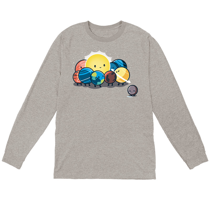 Long Sleeve T-shirt_TeeTurtle Dwarf Planet heather gray t-shirt featuring the planets of our solar system in space  huddled around the sun while Pluto is far away crying. 