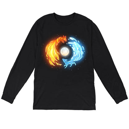 Long Sleeve T-shirt_TeeTurtle black Fire and Water Kitsune Long Sleeve T-shirt featuring fire and water kitsunes running in a circle around a full moon.