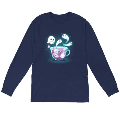 Long Sleeve T-shirt_TeeTurtle Fresh-Booed Tea navy blue t-shirt featuring a glowing teacup with ghost-like figures emerging from it and a ghost holding a tea bag.