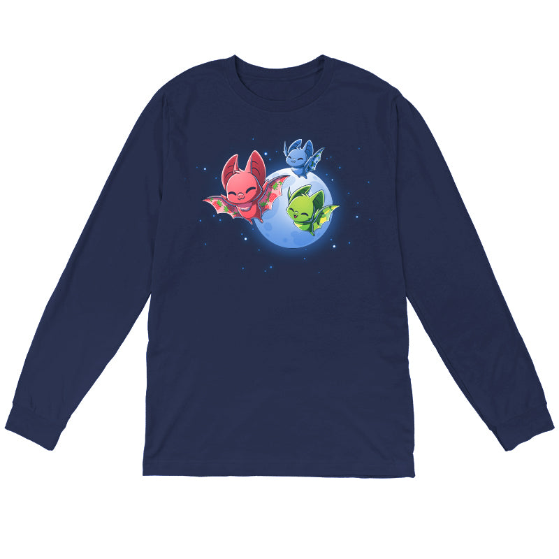 Long Sleeve T-shirt_TeeTurtle Fruit Bats navy blue t-shirt featuring three colorful fruit bats (red, green, blue) with decorative wings flying against a night sky with a full moon and stars.