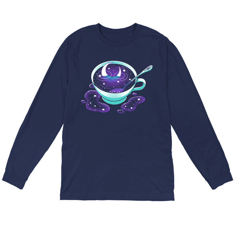 Long Sleeve T-shirt_TeeTurtle Galactic Tea navy blue t-shirt featuring a turquoise cup filled with swirling Galactic Tea.