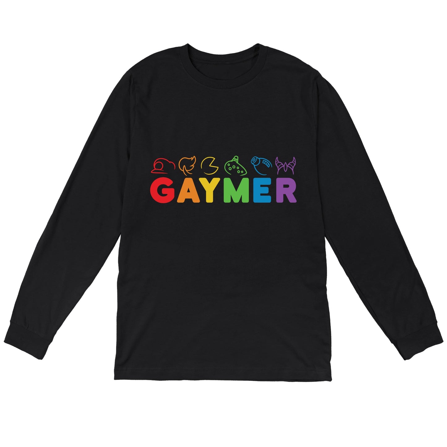 Long Sleeve T-shirt_TeeTurtle black Gaymer. Featuring rainbow text spelling out, "Gaymer" with video game elements on top.