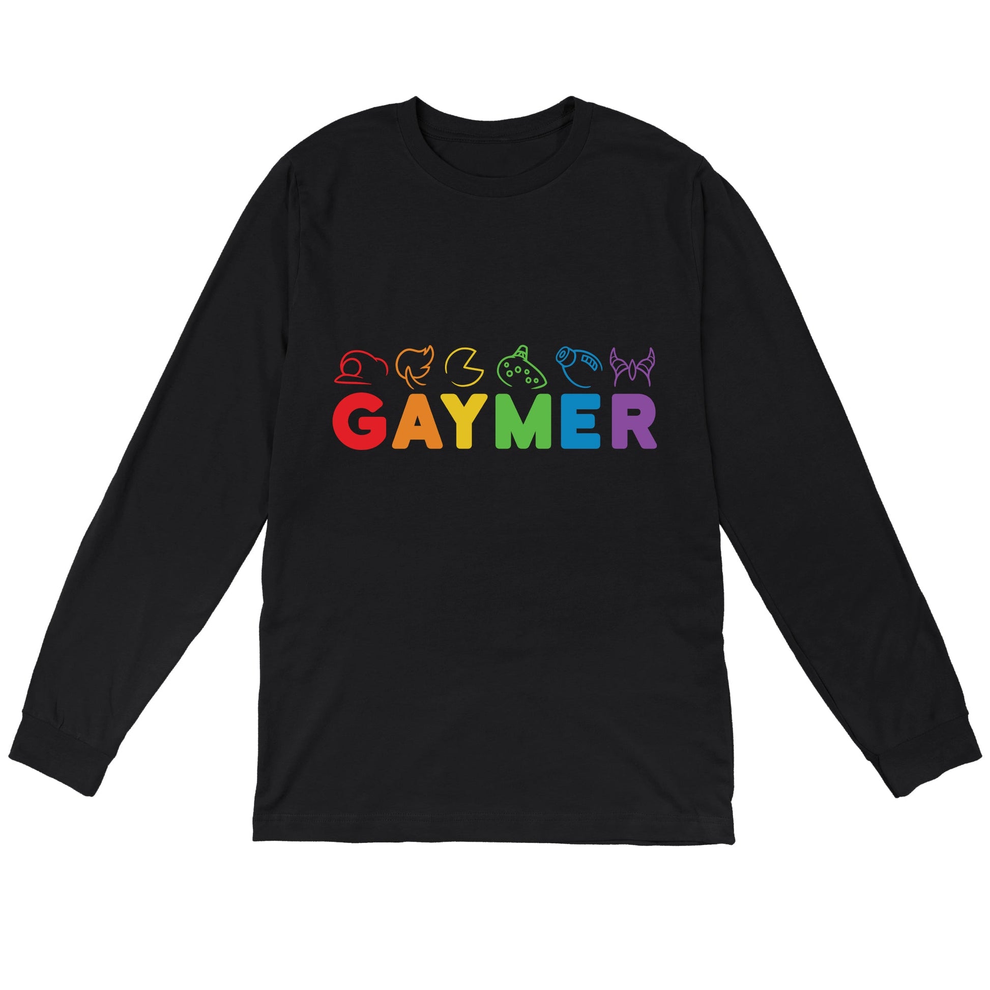 Long Sleeve T-shirt_TeeTurtle black Gaymer. Featuring rainbow text spelling out, "Gaymer" with video game elements on top.