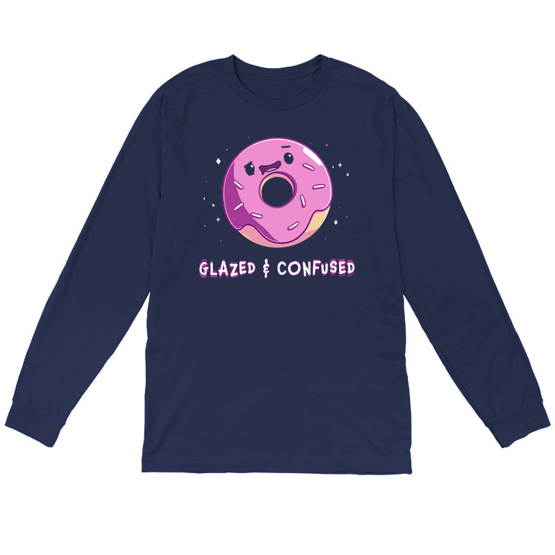 Long Sleeve T-shirt_TeeTurtle Glazed and Confused navy blue t-shirt featuring a pink frosted donut with a smiling face.