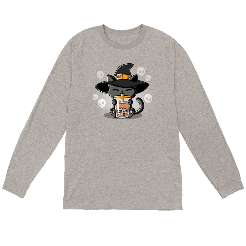 Long Sleeve T-shirt_TeeTurtle athletic heather Halloween Boba Cat. Featuring a cat with a witch hat sipping on drinking skull-shaped bubble tea.