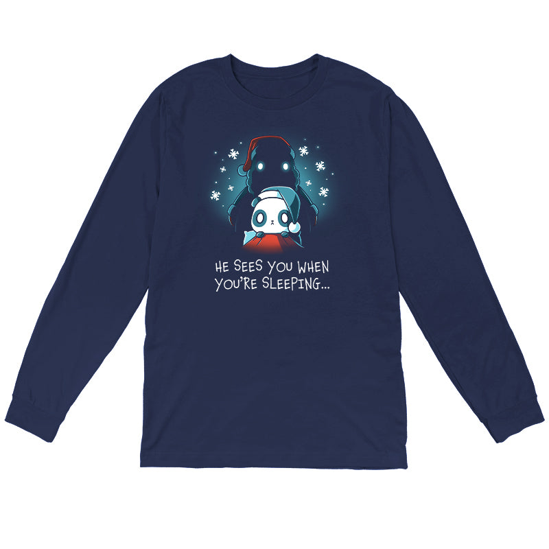 Long Sleeve T-shirt_TeeTurtle He Sees You When You're Sleeping navy blue t-shirt featuring a dark figure wearing a Santa hat with glowing eyes standing behind a worried-looking panda in bed also wearing a Santa hat. The shirt reads "He Sees You When You're Sleeping...".