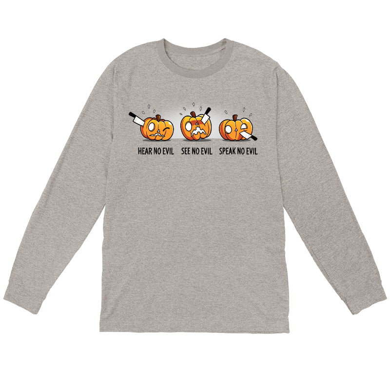 Long Sleeve T-shirt_TeeTurtle Hear No Evil, See No Evil, Speak No Evil athletic heather t-shirt featuring three pumpkins with knives in each. One is getting its ears carved, the second is getting its eyes carved, and the third is getting its mouth carved.