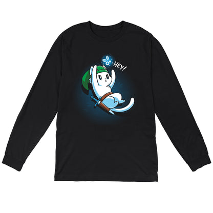 Long Sleeve T-shirt_A cartoon white cat dressed as a warrior with a green hat, holding a sword, looks up on this black monsterdigital apparel. An animated creature above its head says "Hey!" in this super soft ringspun cotton tee.