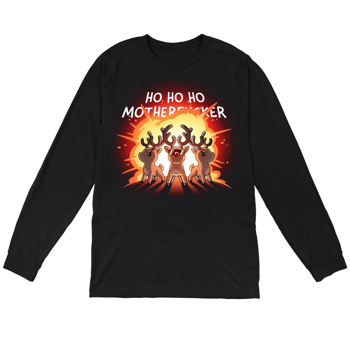 Long Sleeve T-shirt_TeeTurtle black Ho Ho Ho Mother***ker apparel featuring three reindeer with an explosion behind them.