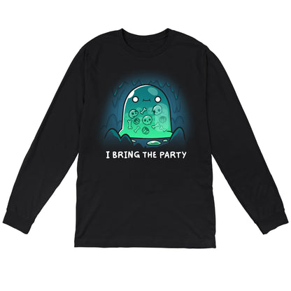 Long Sleeve T-shirt_TeeTurtle black I Bring the Party t-shirt featuring a giant slime monster with a small smile with multiple bones that can be seen in its transparent body inside a cave.